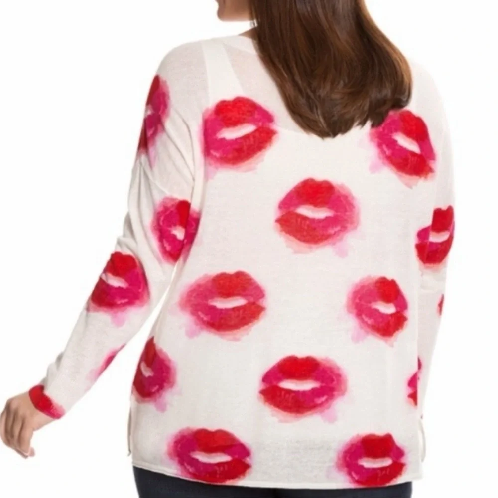 NTM: Lane Bryant Off White, Red & Pink Lipstick Lips Sweater Sz 26/28